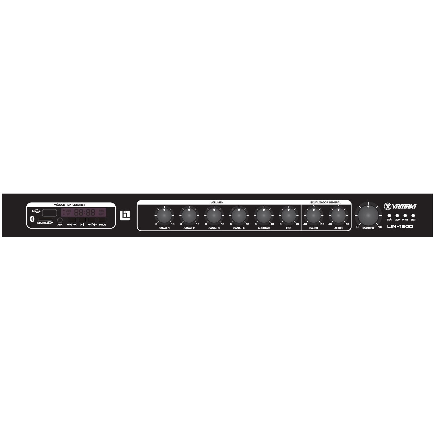 Mezclador Yamaki LIN120D Amplificador 120W JFM Technology Front panel of a Yamaha LIN 120D rack mount amplifier showing multiple channel knobs and a large master control knob at right