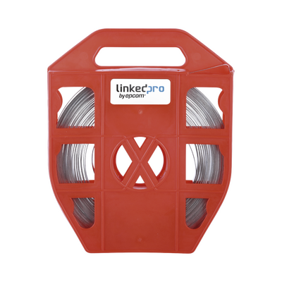 JFM Technology Red plastic cable reel carrier with coiled metal cable visible in the compartments and a centered brand label linkedpro on the front