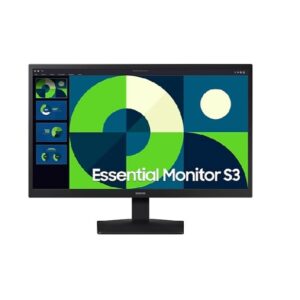 JFM Technology Samsung essential monitor s3 on a stand displaying a colorful geometric wallpaper with the product name on screen