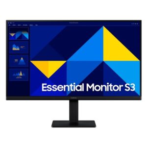 JFM Technology Samsung monitor displaying a bold geometric wallpaper with the title essential monitor s3 on a blue background plus left side slide thumbnails