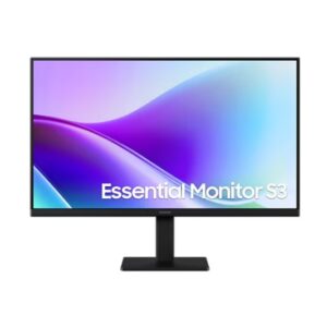 Samsung Essential Monitor S3 on a black stand against a white background displaying a purple blue gradient screen