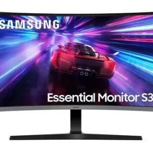 JFM Technology Samsung Essential Monitor S3 curved monitor on a stand displaying a colorful race car wallpaper