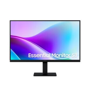 Widescreen computer monitor on a black stand displaying a colorful wallpaper with the text essential monitor s3