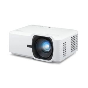 JFM Technology White multimedia projector facing left with a large front lens and vents on the side panels idling for display use only no screen shown
