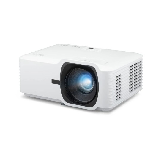 JFM Technology White multimedia projector facing left with a large front lens and vents on the side panels idling for display use only no screen shown