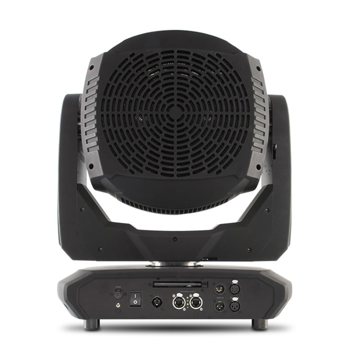 Cabeza Móvil Chauvet Maverick MK3 Wash vista 3 JFM Technology Moving head stage light concert lighting in black with circular vent grille mounted on a u shaped yoke over a base containing control ports and power switch
