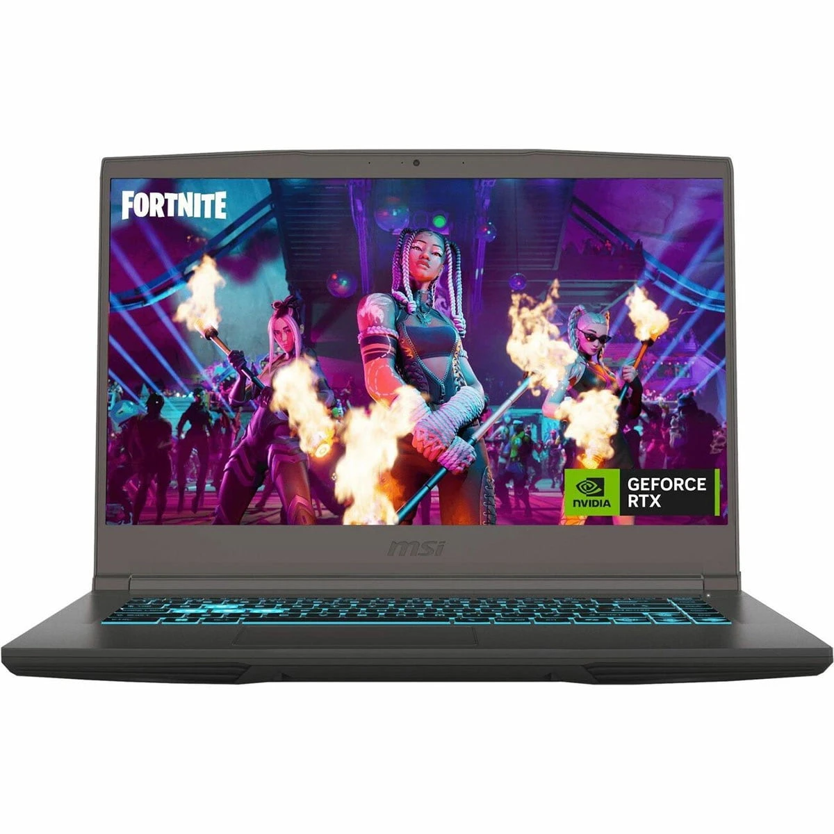 MSITHINA15B7UC2 JFM Technology Front view of a gaming laptop showing a Fortnite scene on the screen with RTX logo visible on the bottom right of the display bezel area