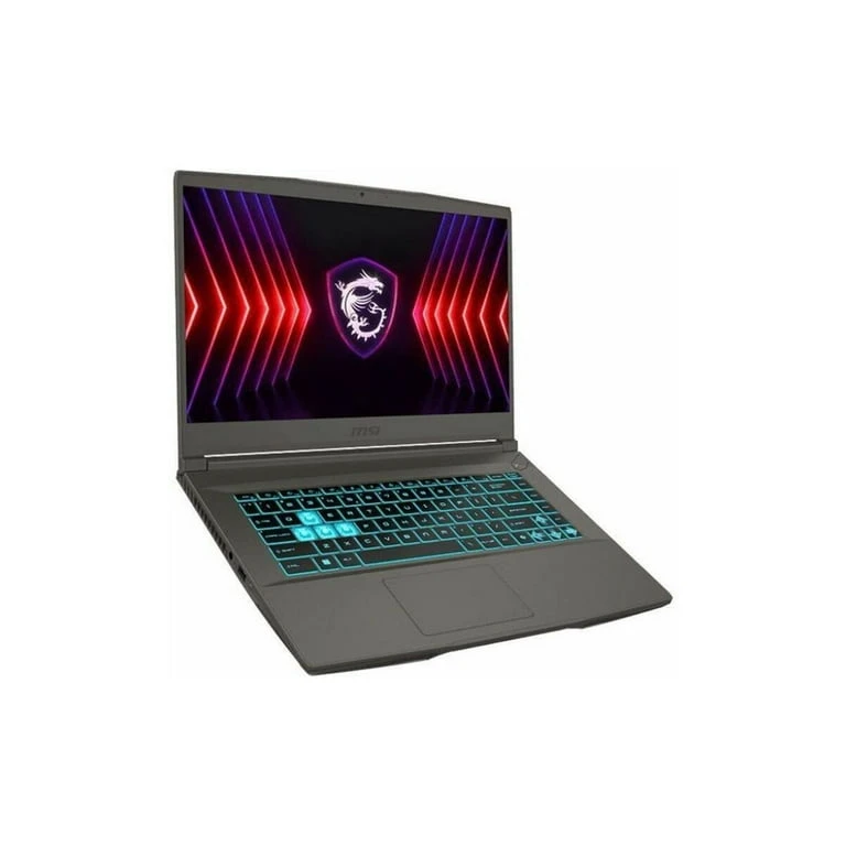 MSITHINA15B7UC3 JFM Technology Open gaming laptop with cyan keyboard backlight and MSI logo on screen angled view on a light background