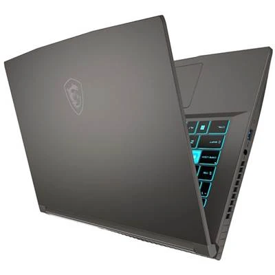 MSITHINA15B7UC4 JFM Technology Angled view of a dark gray gaming laptop with a subtle logo on the lid and a backlit blue keyboard