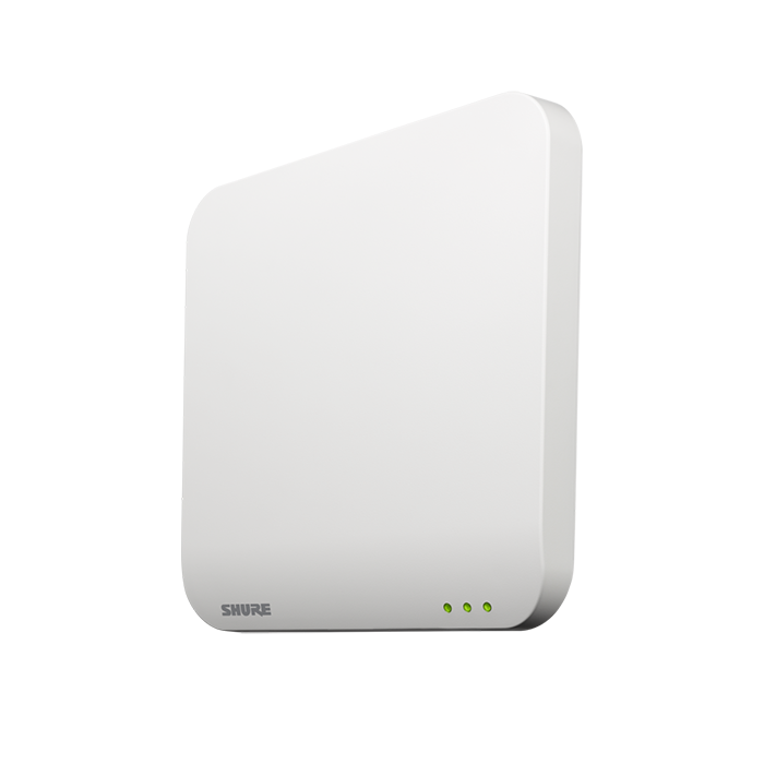Transceptor Shure MXWAPT2Z10 vista 2 JFM Technology White square wireless access point with rounded corners and three green status leds on the bottom edge labeled shure