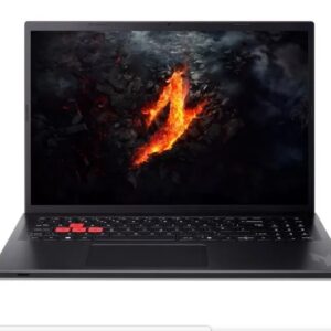 JFM Technology Gaming laptop with red wasd keys and fiery screen display on a dark chassis