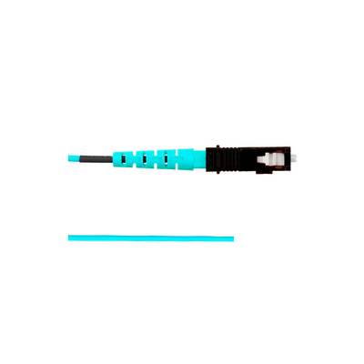 JFM Technology Blue fiber optic patch cord with a black connector on one end laid on a white background with a separated cable segment below