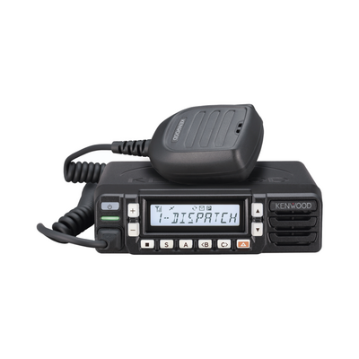 JFM Technology Kenwood portable two way radio with a wired microphone resting on top LCD display and keypad on the front