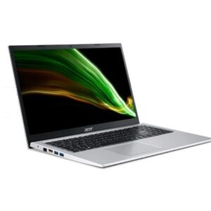 Silver acer laptop open on a white background screen showing a green and yellow light streak