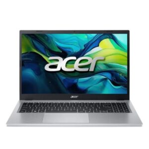 Open silver acer laptop viewed from the front with a colorful abstract wallpaper and the acer logo on the screen