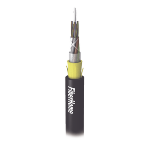 Cross section of a fiber optic cable showing core cladding and protective jacket with a yellow inner layer and a black outer sheath labeled Fiberhome