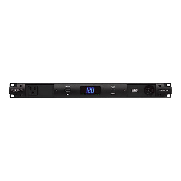 Regulador Furman P1800 AR 15A Con Protección vista 2 JFM Technology Front of a 1u rack mount power conditioner with a blue digital display showing 120 plus outlets and control buttons on the front panel