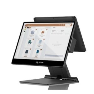 Point of sale touchscreen terminal on a stand showing a product catalog