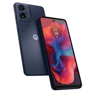 Blue Motorola smartphone shown from back and front with dual rear cameras in a vertical module and a punch hole display on a colorful wallpaper