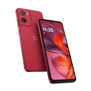 Red motorola smartphone shown from front and back exposing a dual camera rear system on the red back