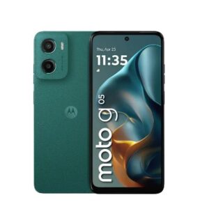 Green Motorola smartphone with a teal back and dual camera module front screen shows time 1135