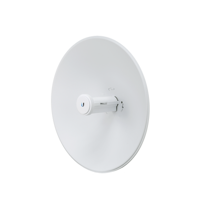 JFM Technology White parabolic satellite dish with a small feed antenna mounted at the center angled slightly upward on a bracket