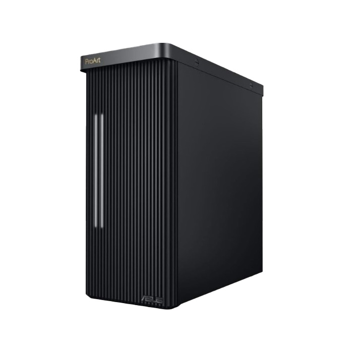 JFM Technology Black ASUS ProArt desktop tower with a ribbed front panel and two vertical LED light bars on the left