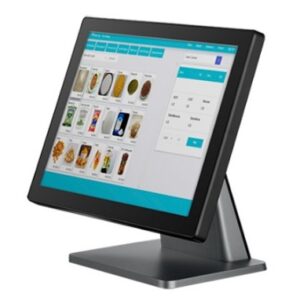 Touchscreen point of sale monitor displaying a product catalog and checkout panel on a stand