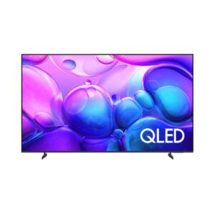 QLED TV with a vibrant purple blue abstract screen and slim black bezel standing on two legs