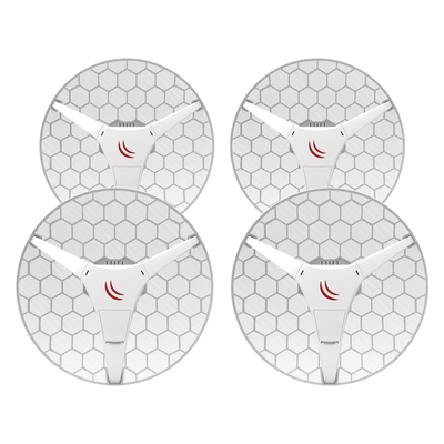 JFM Technology Four identical white circular devices with a honeycomb pattern front and a white central mounting arranged in a 2x2 grid