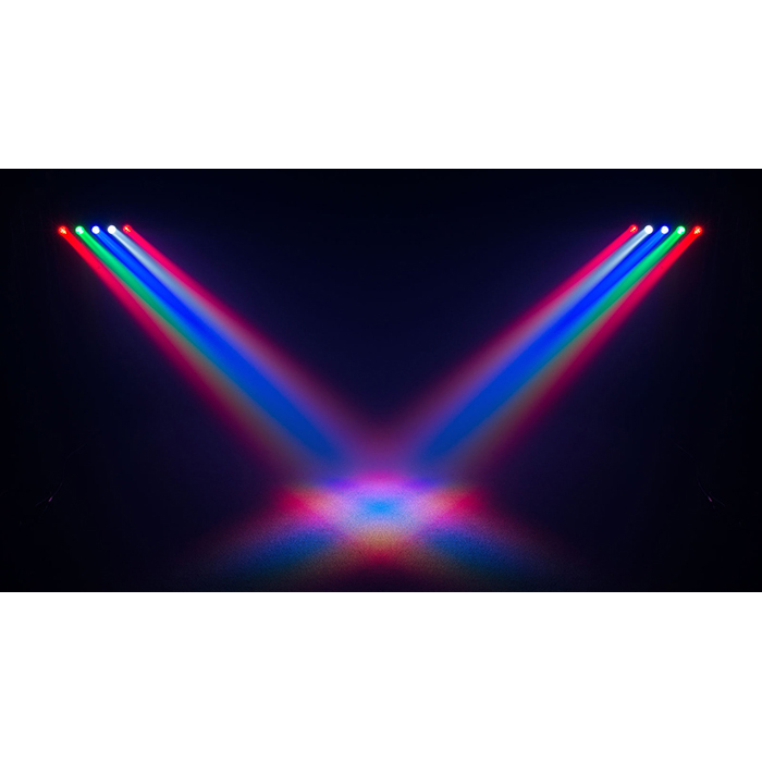 Cabeza Móvil Chauvet Rogue R1 FXB vista 7 JFM Technology Two sets of colorful stage lights cross to form a v shape on a dark background with red blue and green beams blending at the center