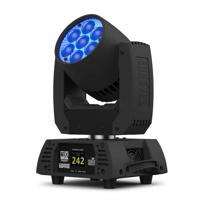 Cabeza Móvil Chauvet Rogue R1X Wash Tipo Wash vista 3 JFM Technology Moving head stage light with a blue led array mounted on a base with a digital control panel concerttheater lighting