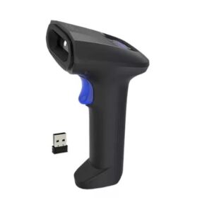Black handheld barcode scanner with blue trigger and USB dongle