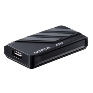 Black adata external ssd enclosure with a usb c port angled view showing ridged top surface