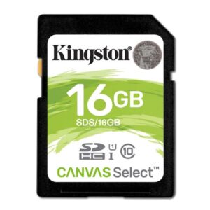 Kingston canvas select 16gb sd card with green and white label and black body