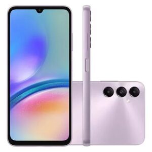 Lavender smartphone shown from front and side featuring a 3camera rear module and slim design rounded edges