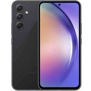 Black Samsung Galaxy smartphone shown from both sides a large edge to edge display on the front and a triple camera setup on the backs left edge
