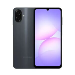 JFM Technology Samsung smartphone shown from front and back in dark gray featuring a dual camera rear setup and a tall edge to edge display with a small notch at the top