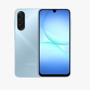 Light blue samsung smartphone shown from the back and front featuring a triple camera module on the rear and a tall edge to edge display with a small notch at the top
