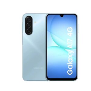 JFM Technology Light blue samsung galaxy a17 4g smartphone shown from both front and back highlighting the triple camera rear module