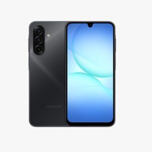 Samsung galaxy smartphone shown from both front and back black color with triple rear cameras and a blue wallpaper on the screen