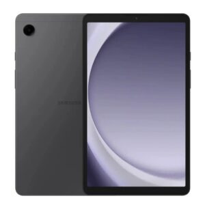 Samsung tablet shown from back and front dark gray back with circular camera in top left front display with purple gradient wallpaper and slim black bezel