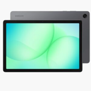 Samsung tablet shown from front and back with a green abstract wallpaper on the screen and a gray back panel with a camera corner visible in the upper right corner of the back view