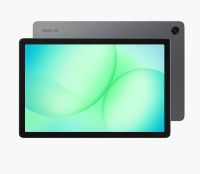 JFM Technology Samsung tablet shown from front and back with a green abstract wallpaper on the screen and a gray back panel with a camera corner visible in the upper right corner of the back view