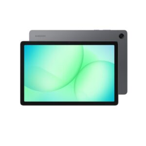 JFM Technology Samsung tablet shown from front and back gray back with rear camera in top right corner black framed display front view on white background