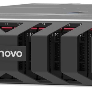 Front view of a lenovo thinksystem sr650 v4 rack server with many hot swappable drive bays and a prominent lenovo badge