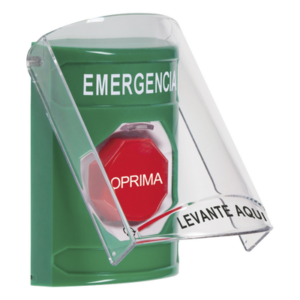 STI SS2129EMES Botón de Salida de Emergencia en Español con Tapa Protectora de Policarbonato Súper Resistente, Acción Mantenida, Girar para Restablecer
