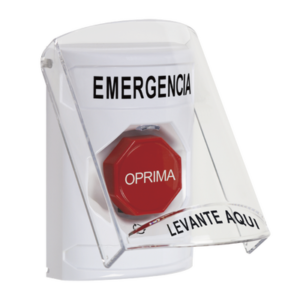 STI SS23A9EMES Botón Blanco de Salida de Emergencia con Tapa Protectora de Policarbonato Súper Resistente y Restablecimiento por Giro