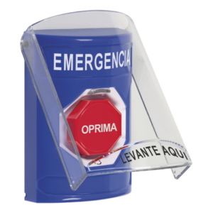 STI SS2429EM-ES Botón Azul de Emergencia en Español con Tapa Protectora de Policarbonato Súper Resistente, Restablecimiento Por Giro