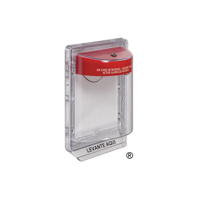 JFM Technology Transparent manual fire alarm call point with red top labeled levante aqui used to trigger the alarm in case of a fire